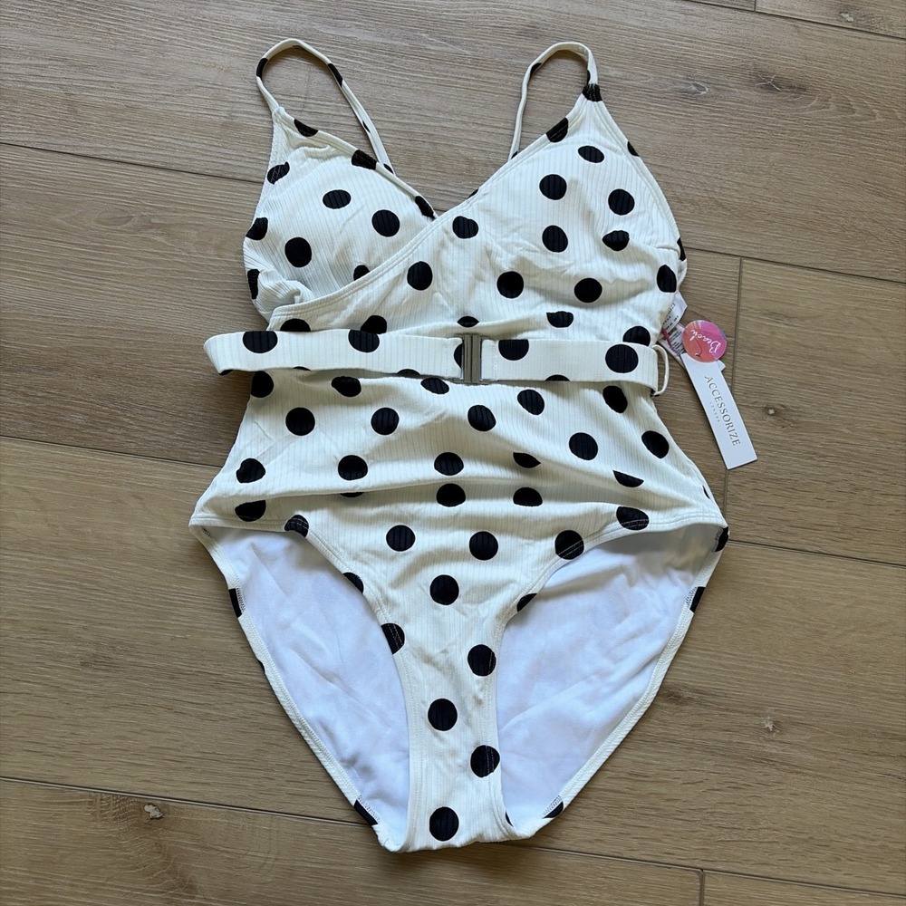 Accessorize black and white polka‎ dot belted one piece swimsuit UK 12 US Size 8